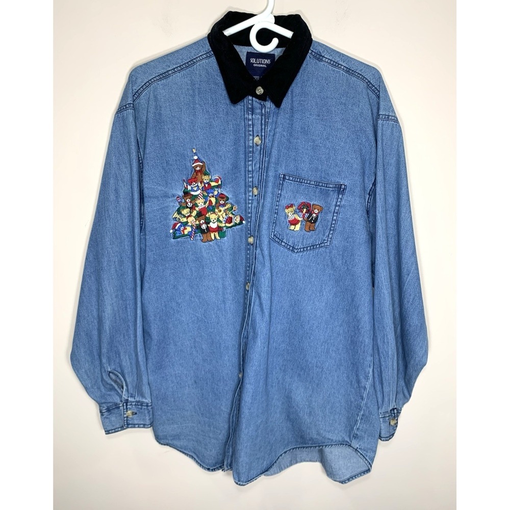 Solutions Original Denim Shirt Womens Large Embroidered Christmas Bears Oversize